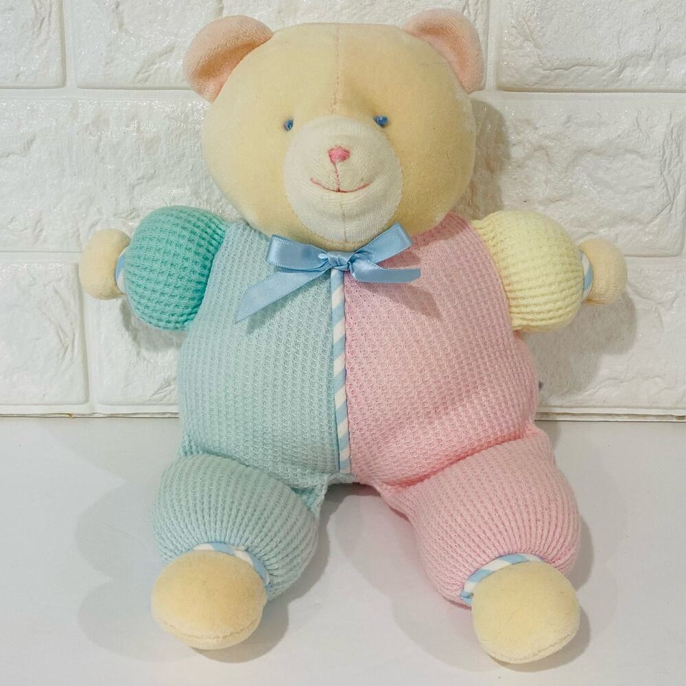 Eden Teddy Bear Vintage Plush Waffle Knit Lovey Pink Blue Green Yellow Baby